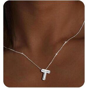 Silver Initial Pendant Necklace – Personalized Letter “T” Trendy Stuffed Bubble